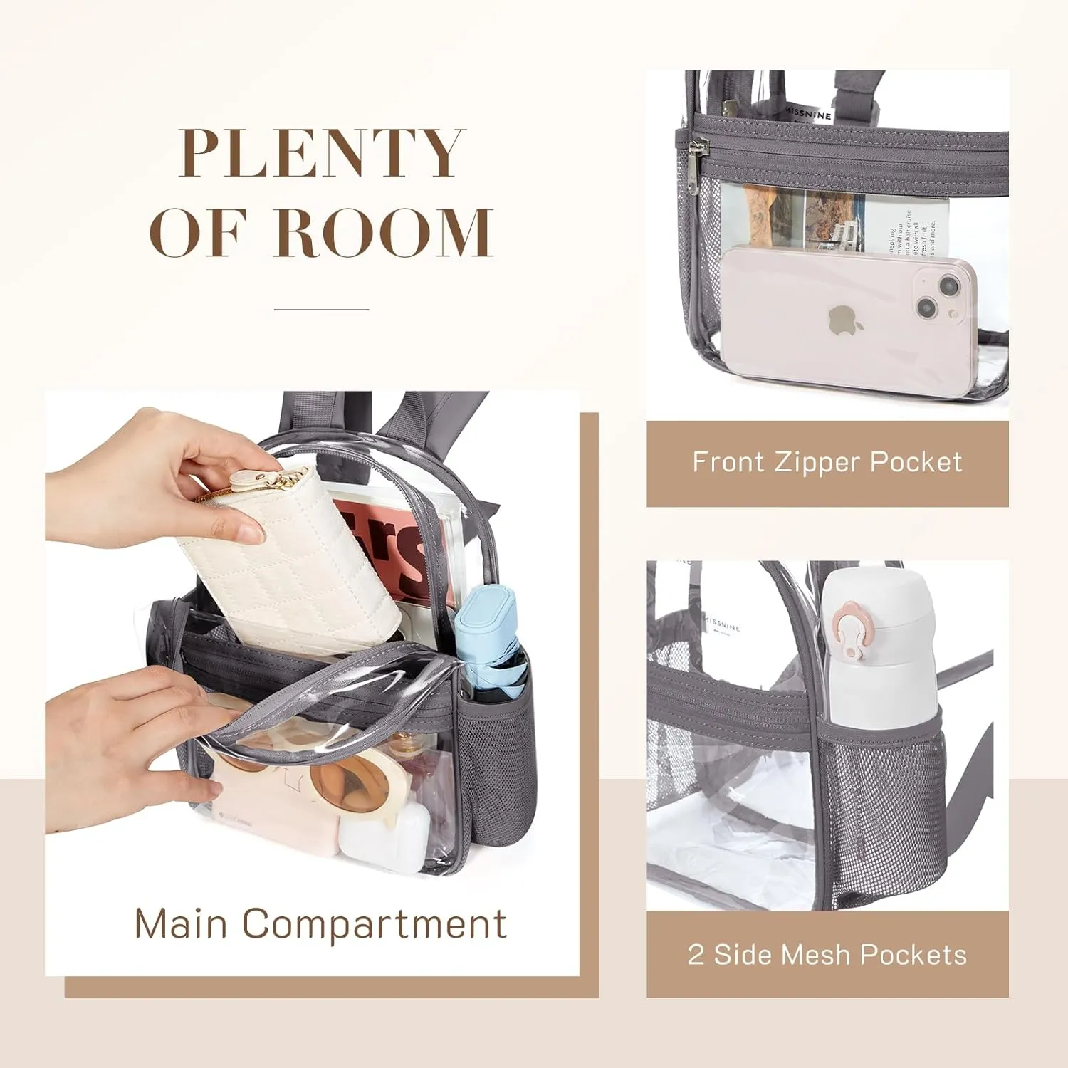 Missnine Clear Mini Backpack Stadium Approved, Thick PVC Mini Clear Bag for Sport Events, Concert, Festival
