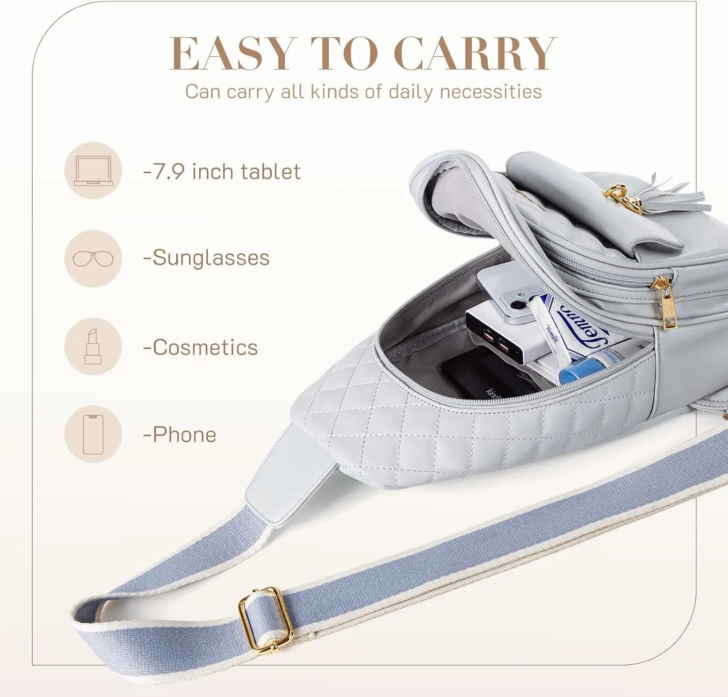 Missnine PU Leather Sling Bag for Women Crossbody Fanny Pack Quilted Chest Purse Trendy Travel Bag for Hiking Cycling with Tassel