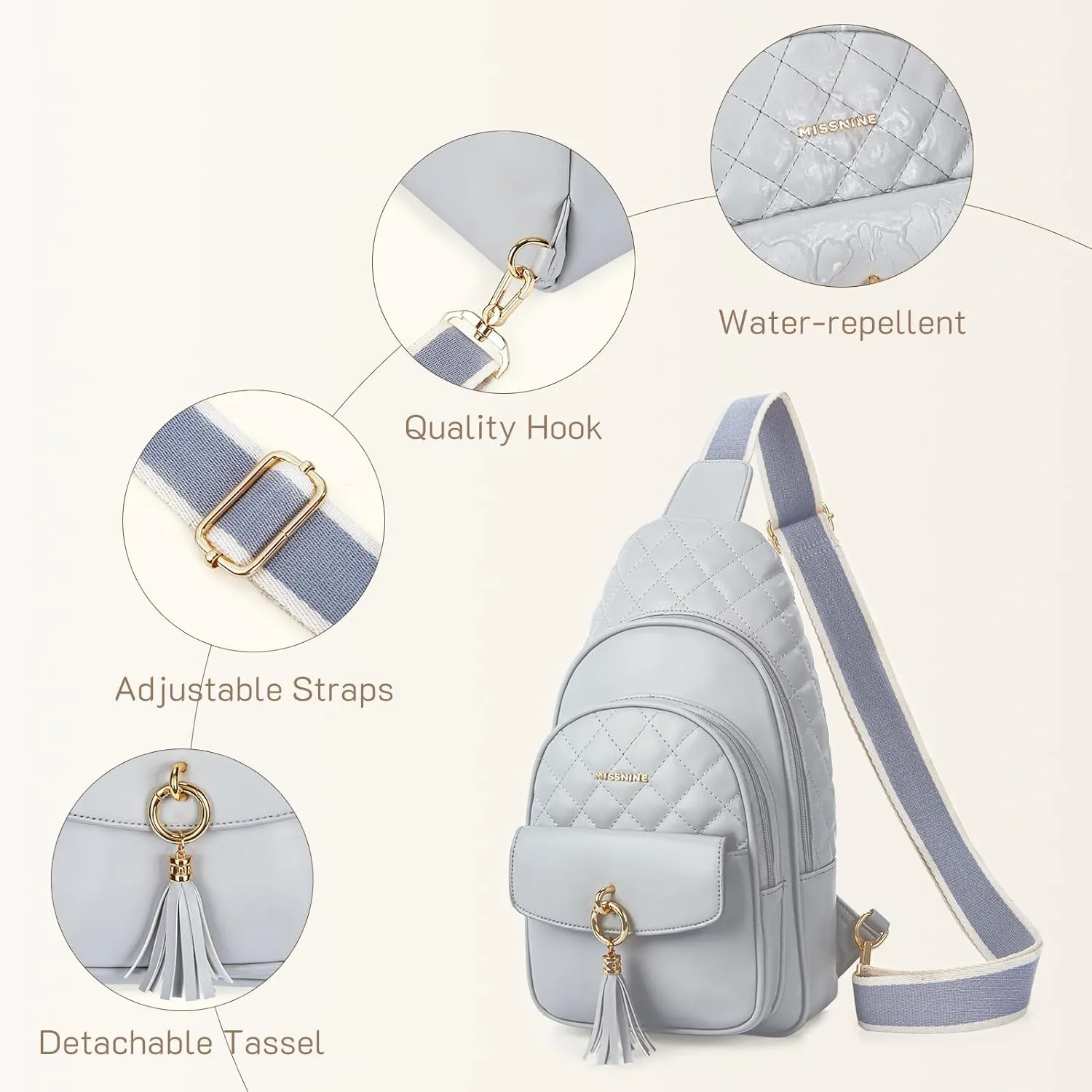 Missnine PU Leather Sling Bag for Women Crossbody Fanny Pack Quilted Chest Purse Trendy Travel Bag for Hiking Cycling with Tassel