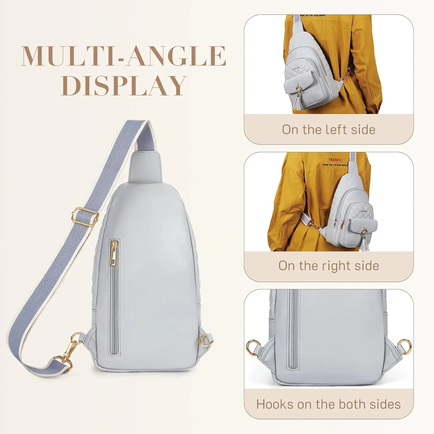 Missnine PU Leather Sling Bag for Women Crossbody Fanny Pack Quilted Chest Purse Trendy Travel Bag for Hiking Cycling with Tassel
