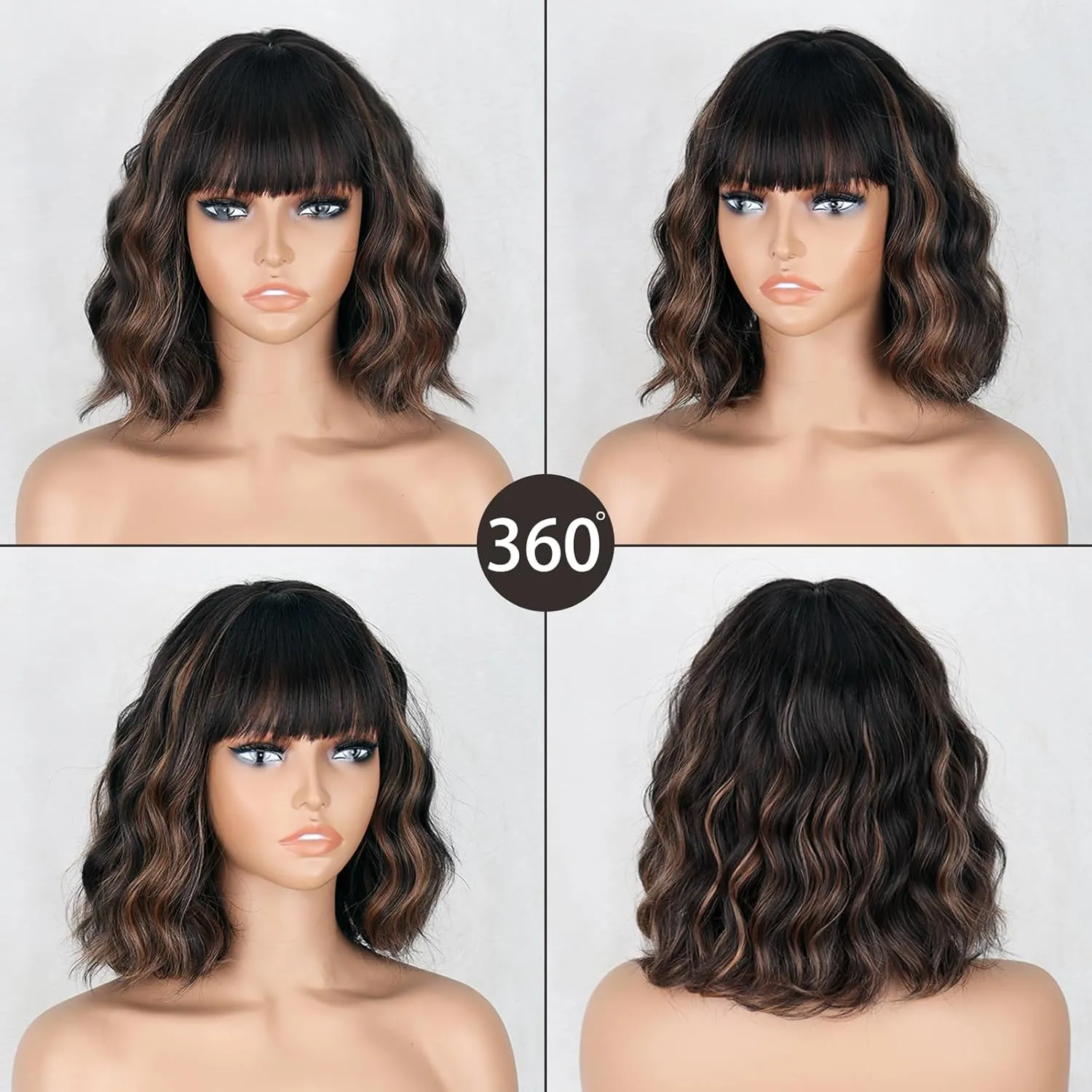 MISSQUEEN Black Mixed Brown Wigs Short Wavy Curly Wig with Bangs Shoulder Length Synthetic Hair Wigs Heat Resistant Fiber Wig for Daily Party (Black Mixed Brown)