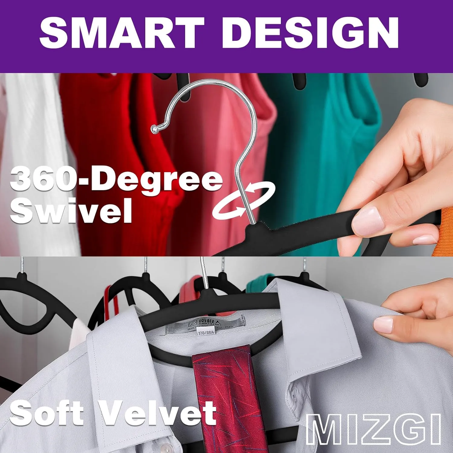 MIZGI Premium Velvet Hangers 50-Pack,No Shoulder Bump Hangers W/Tie Bar Ultra Thin Space Saving Non Slip Hanger Heavy Duty Felt Rounded Clothes Hanger for Sweaters,Coat,Jackets,Pants,Shirts