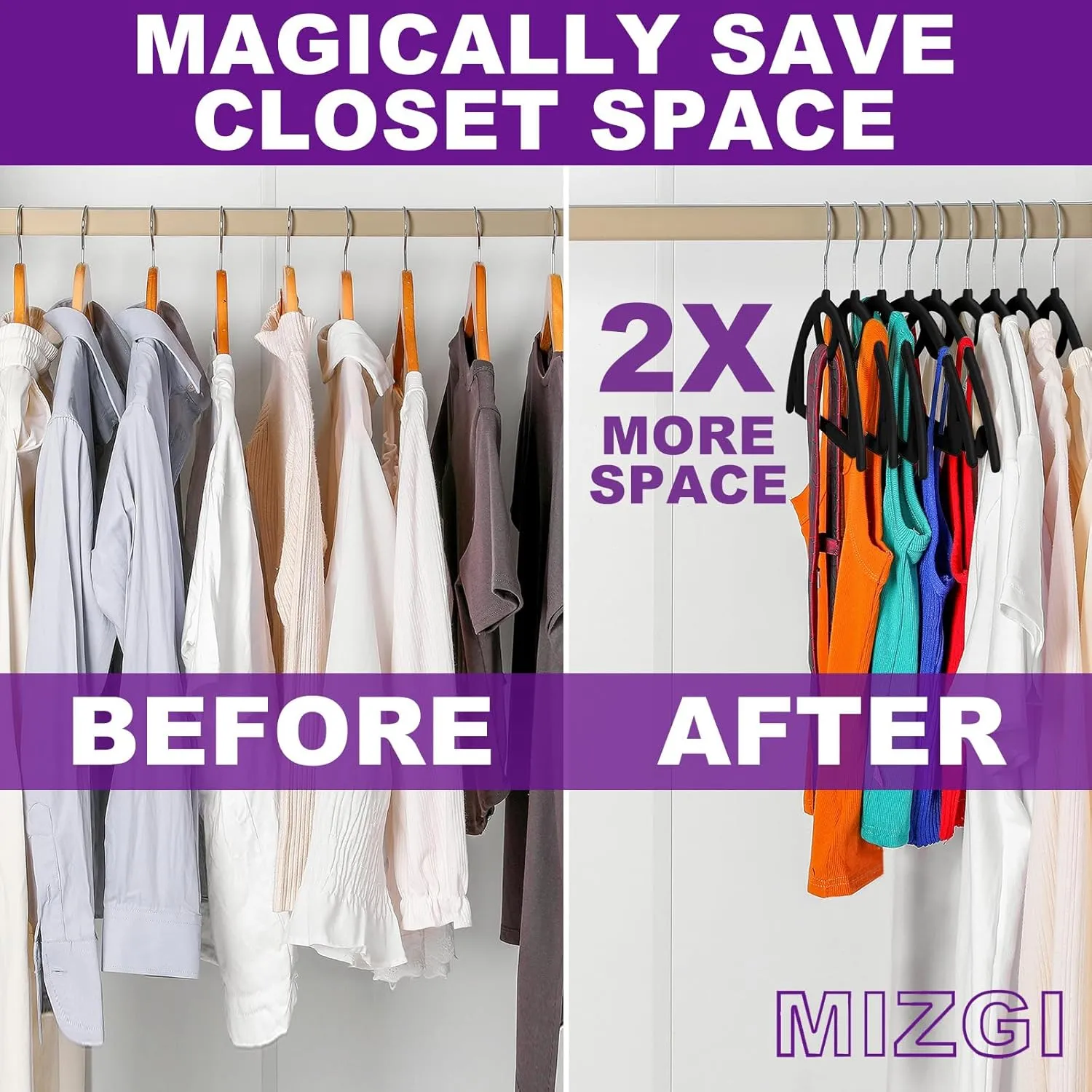 MIZGI Premium Velvet Hangers 50-Pack,No Shoulder Bump Hangers W/Tie Bar Ultra Thin Space Saving Non Slip Hanger Heavy Duty Felt Rounded Clothes Hanger for Sweaters,Coat,Jackets,Pants,Shirts