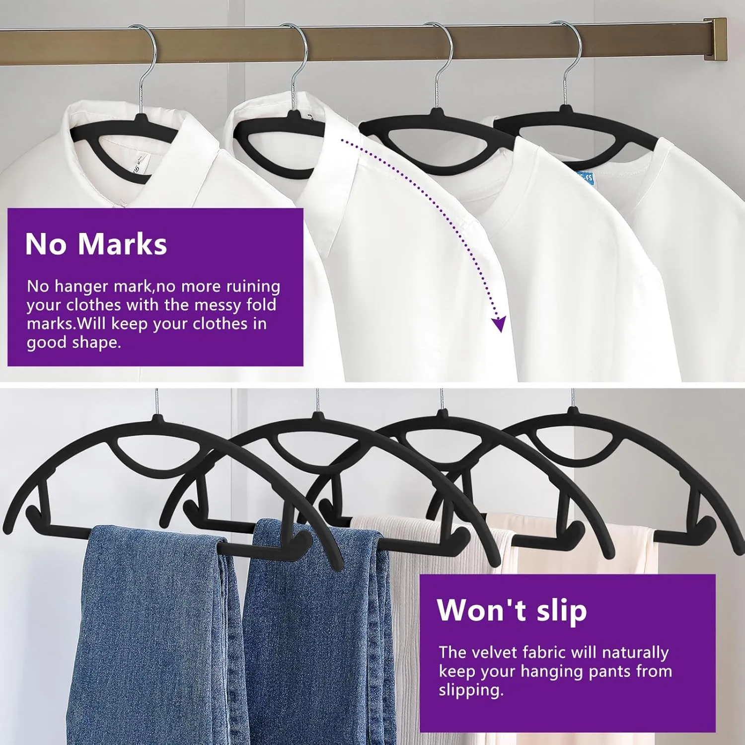 MIZGI Premium Velvet Hangers 50-Pack,No Shoulder Bump Hangers W/Tie Bar Ultra Thin Space Saving Non Slip Hanger Heavy Duty Felt Rounded Clothes Hanger for Sweaters,Coat,Jackets,Pants,Shirts
