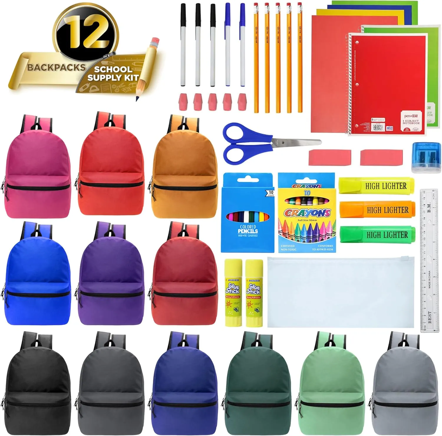 Moda West 17 Inch Bulk Backpacks with 52 Piece School Supplies Kits - Pens, Pencils, Crayons - Case of 12 Wholesale Backpacks in 12 Assorted Colors