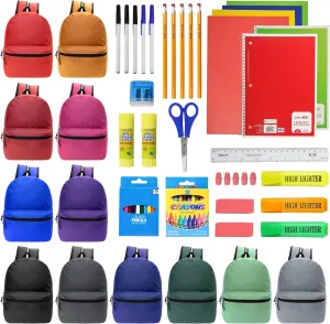Moda West 17 Inch Bulk Backpacks with 52 Piece School Supplies Kits - Pens, Pencils, Crayons - Case of 12 Wholesale Backpacks in 12 Assorted Colors