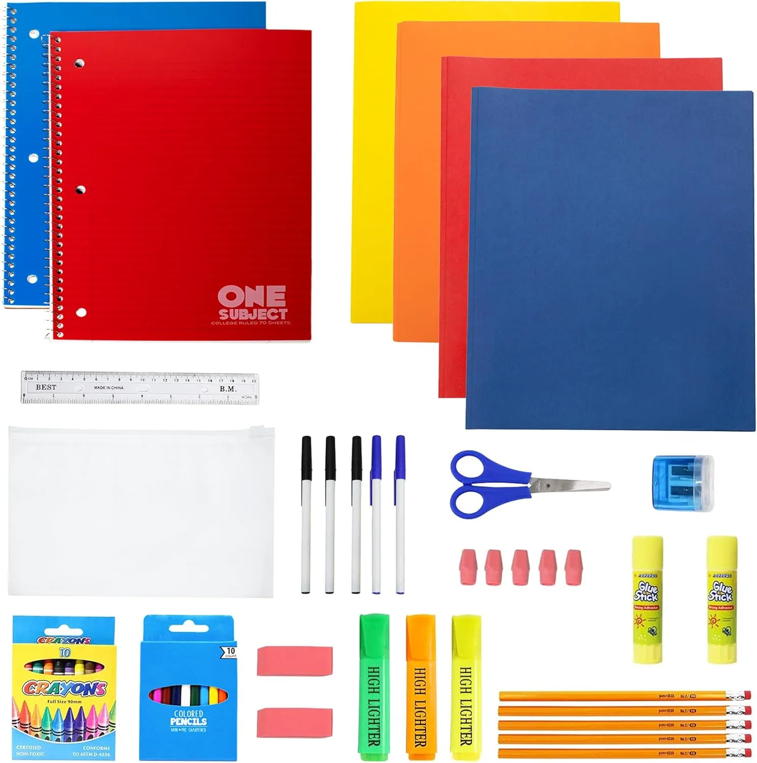 Moda West 17 Inch Bulk Backpacks with 52 Piece School Supplies Kits - Pens, Pencils, Crayons - Case of 12 Wholesale Backpacks in 12 Assorted Colors
