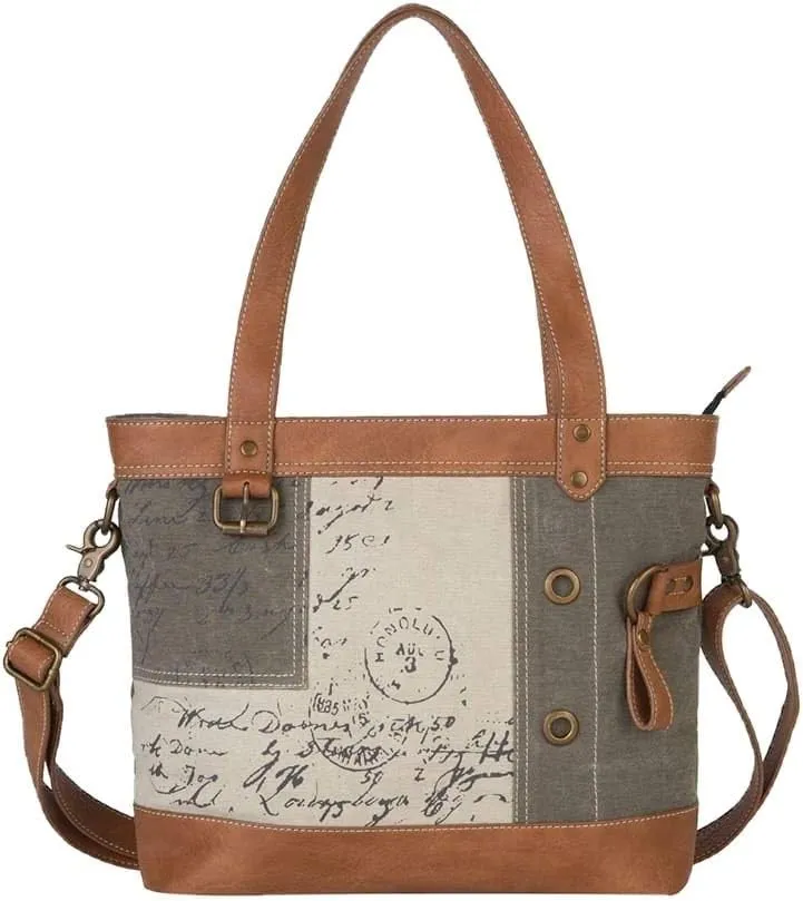 Mona B. Vintage Upcycled Canvas Shoulder Bag with Vegan Leather Trim (Vintage Script)