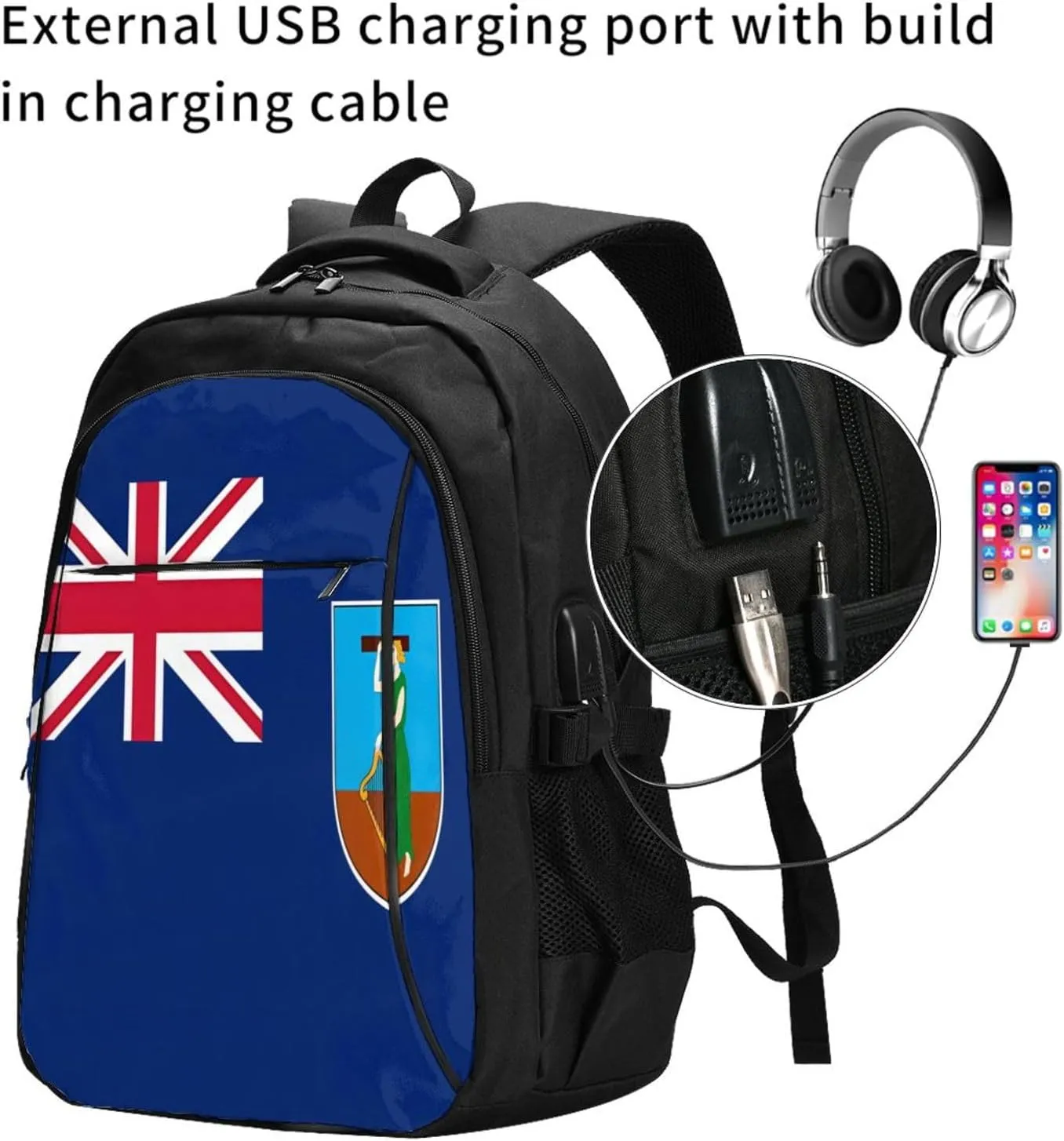 Montserrat Flag Business Laptop Backpack Travel Backpacks Outdoor Rucksack Large Bag Daypack with USB Charging Port Multi-Pocket for Hiking Camping