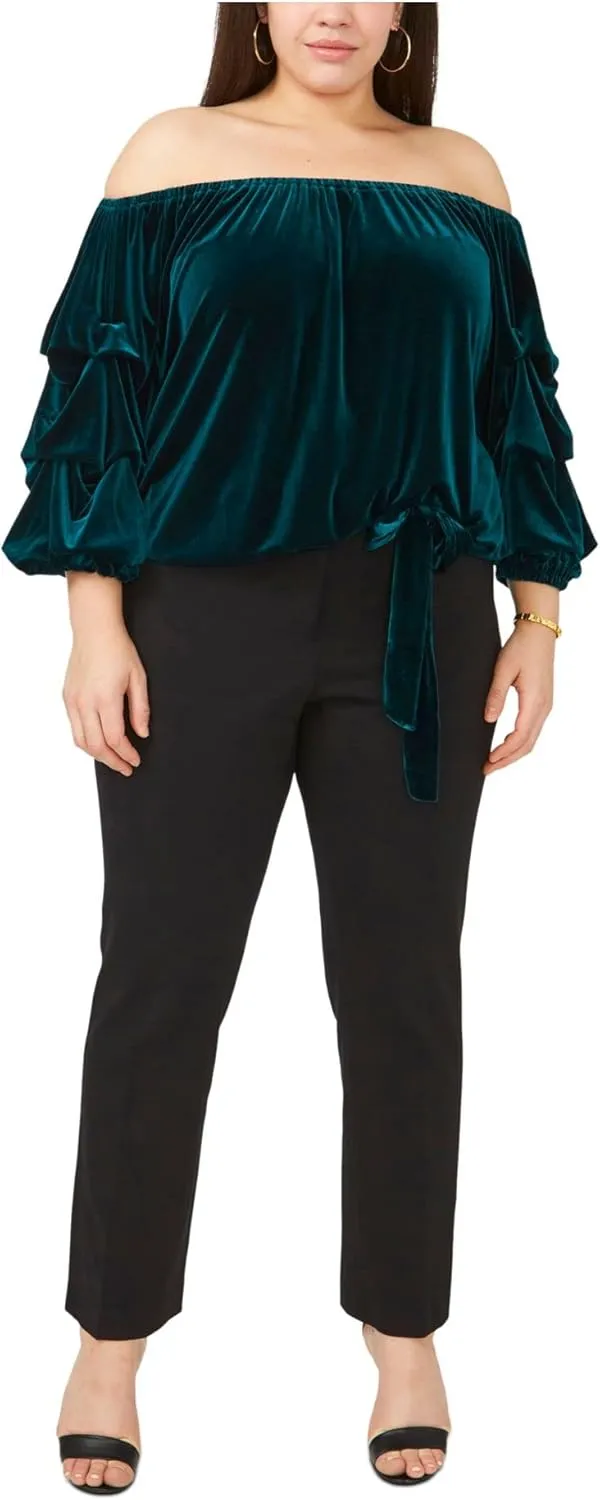 MSK Women Plus Velvet Off-The-Shoulder Blouse Green 2X