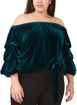 MSK Women Womens Plus Velvet Off-The-Shoulder Blouse Green 3X