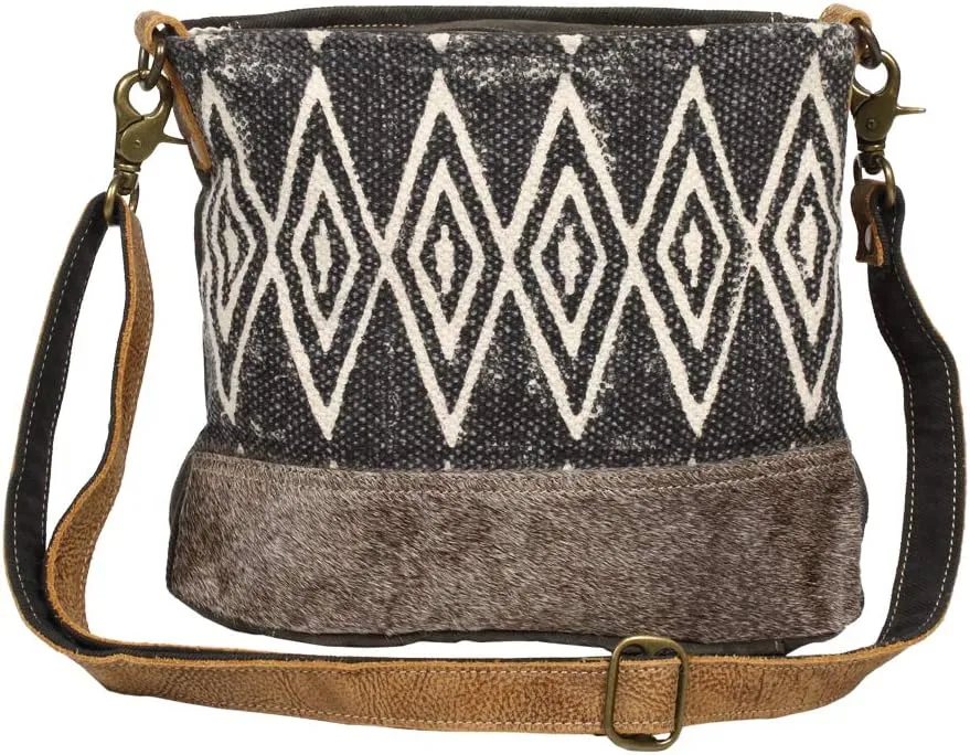 Myra Bag Azure Upcycled Canvas & Cowhide Leather Shoulder Bag S-1266