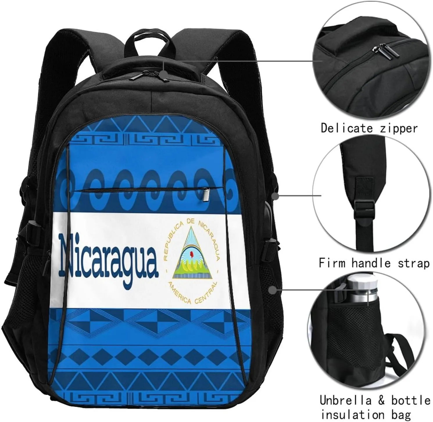 Nicaragua Flag Business Laptop Backpack Travel Backpacks Outdoor Rucksack Large Bag Daypack with USB Charging Port Multi-Pocket for Hiking Camping