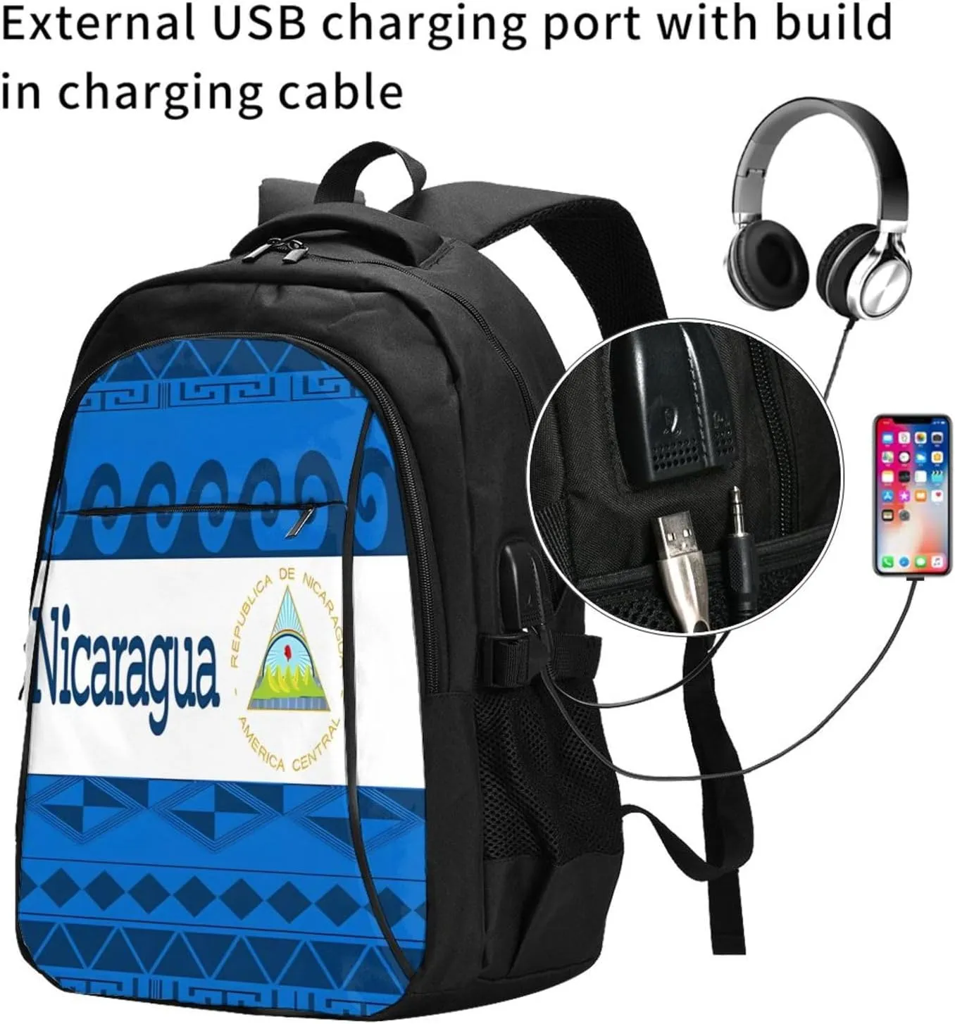Nicaragua Flag Business Laptop Backpack Travel Backpacks Outdoor Rucksack Large Bag Daypack with USB Charging Port Multi-Pocket for Hiking Camping