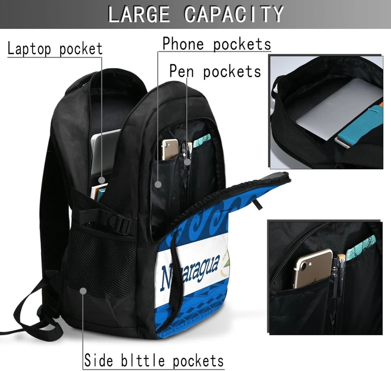 Nicaragua Flag Business Laptop Backpack Travel Backpacks Outdoor Rucksack Large Bag Daypack with USB Charging Port Multi-Pocket for Hiking Camping