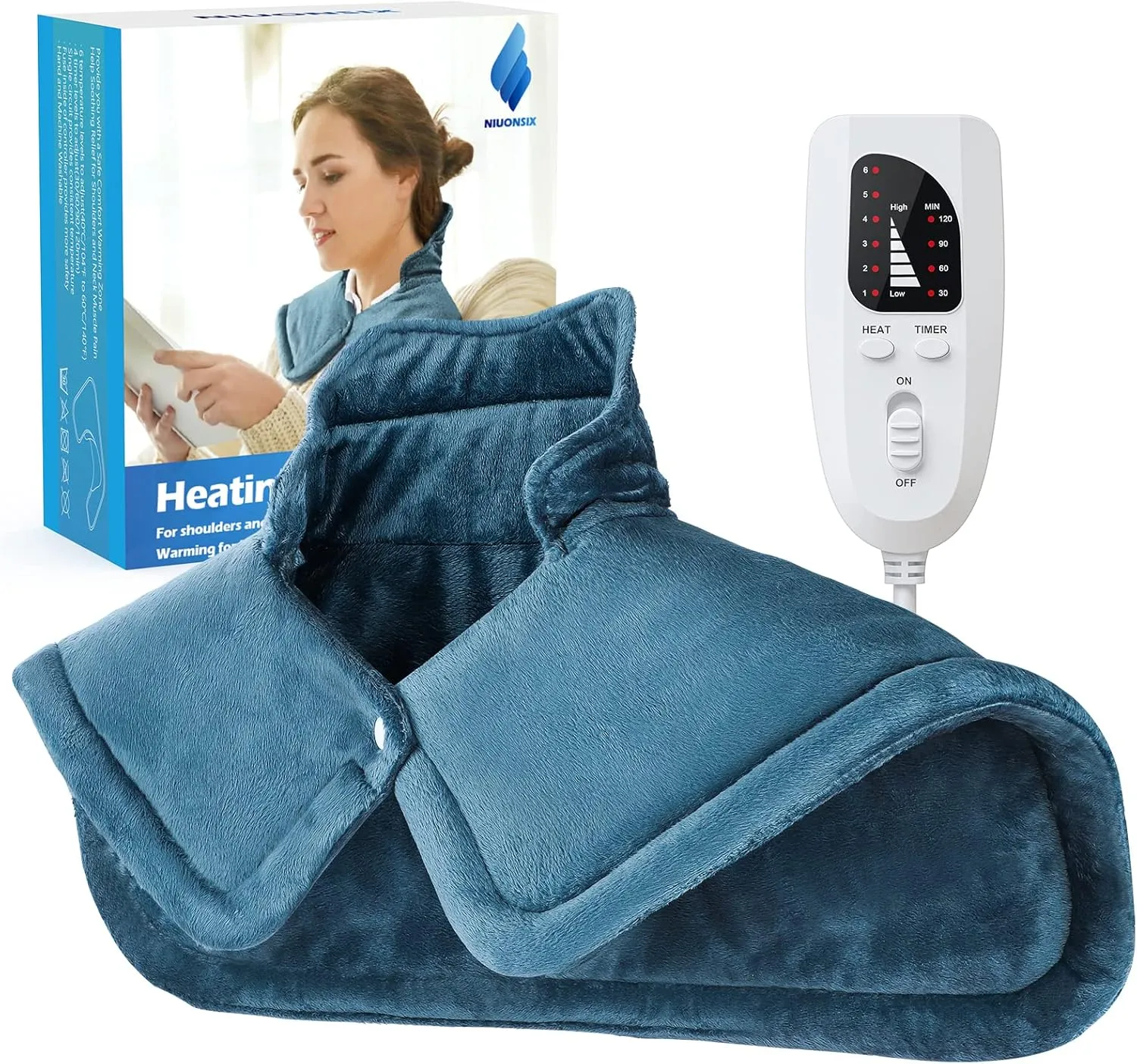NIUONSIX Heating Pad for Neck and Shoulders, Father's Day Gifts for Dad, Weighted Electric Heat Wrap for Back Pain Relief 6 Heat Settings 4 Timers 2h Auto Off, Birthday Gifts for Women Mom Wife, Blue