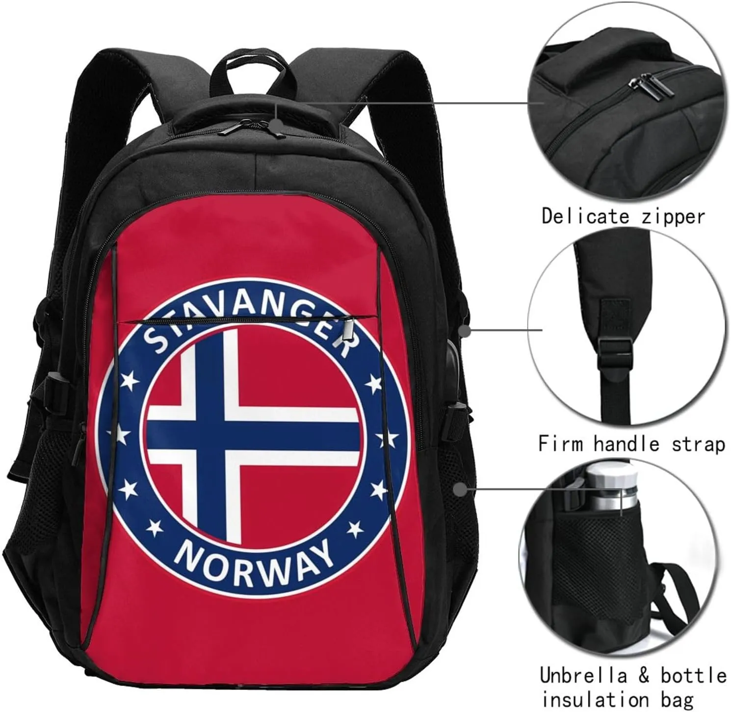 Norway Norwegian Flag Business Laptop Backpack Travel Backpacks Outdoor Rucksack Large Bag Daypack with USB Charging Port Multi-Pocket for Hiking Camping