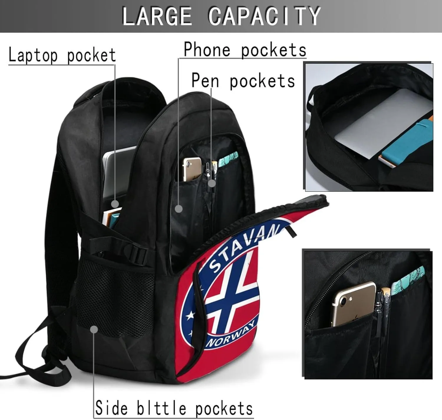 Norway Norwegian Flag Business Laptop Backpack Travel Backpacks Outdoor Rucksack Large Bag Daypack with USB Charging Port Multi-Pocket for Hiking Camping