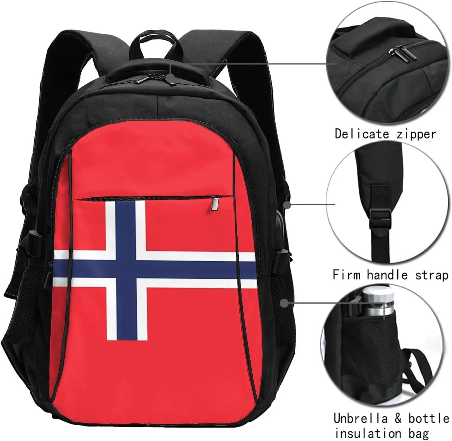 Norway Norwegian Flag Business Laptop Backpack Travel Backpacks Outdoor Rucksack Large Bag Daypack with USB Charging Port Multi-Pocket for Hiking Camping