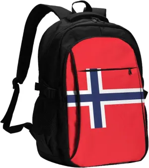 Norway Norwegian Flag Business Laptop Backpack Travel Backpacks Outdoor Rucksack Large Bag Daypack with USB Charging Port Multi-Pocket for Hiking Camping