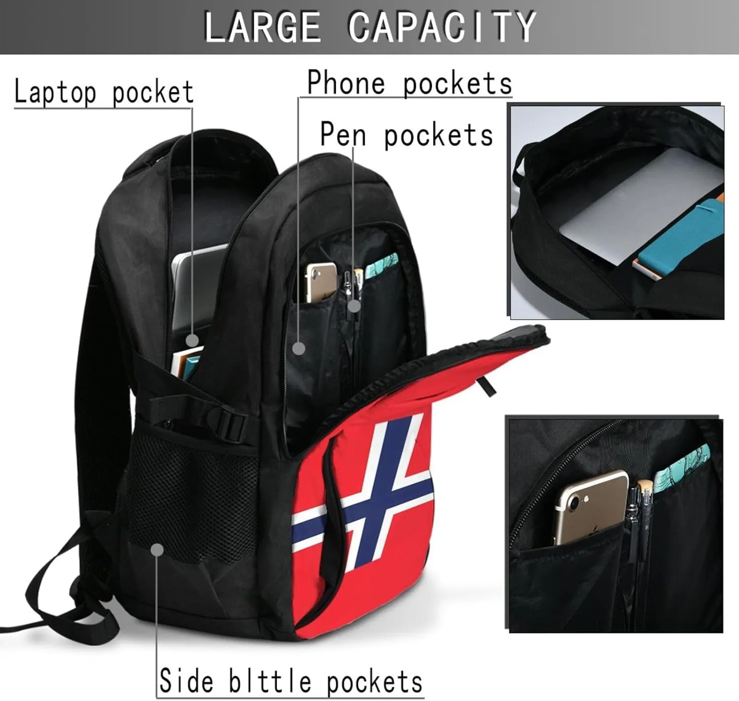 Norway Norwegian Flag Business Laptop Backpack Travel Backpacks Outdoor Rucksack Large Bag Daypack with USB Charging Port Multi-Pocket for Hiking Camping