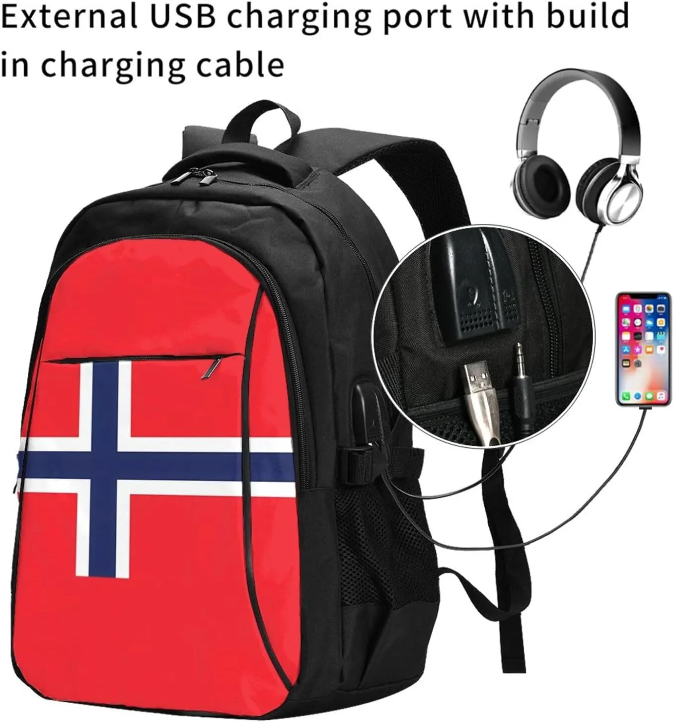 Norway Norwegian Flag Business Laptop Backpack Travel Backpacks Outdoor Rucksack Large Bag Daypack with USB Charging Port Multi-Pocket for Hiking Camping