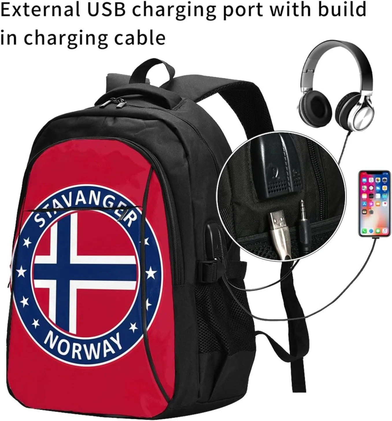 Norway Norwegian Flag Business Laptop Backpack Travel Backpacks Outdoor Rucksack Large Bag Daypack with USB Charging Port Multi-Pocket for Hiking Camping