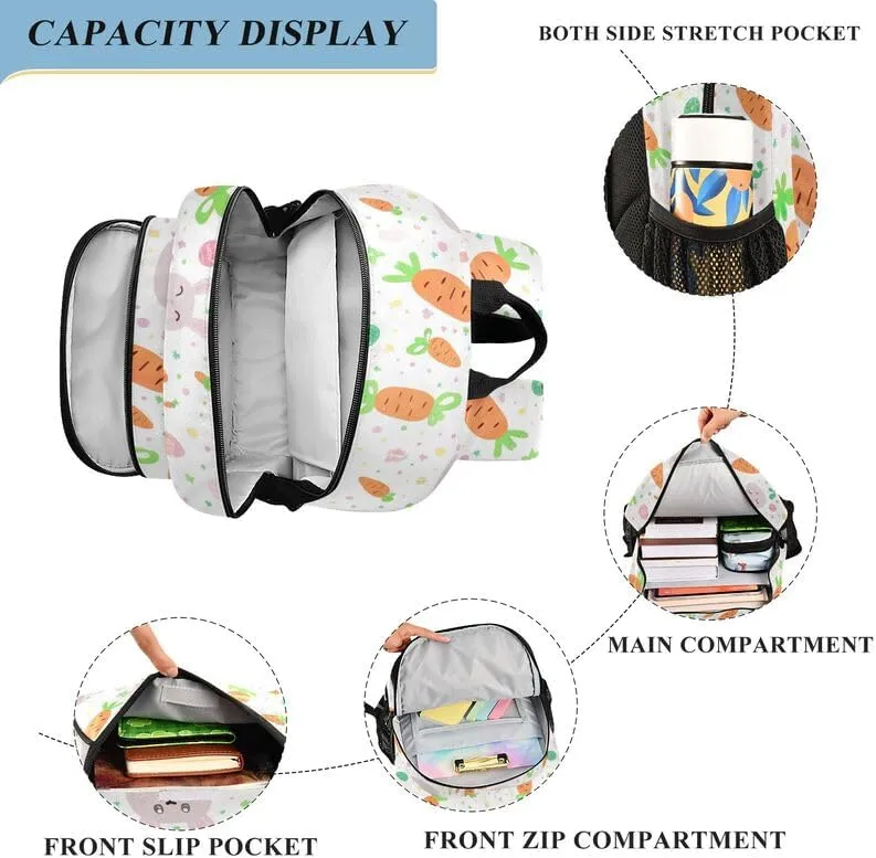 ODAWA Cute Rabbit Carrot Back Pack for School Casual Daypack for Travel with Bottle Side Pockets Kids Backpack Ages 6-12