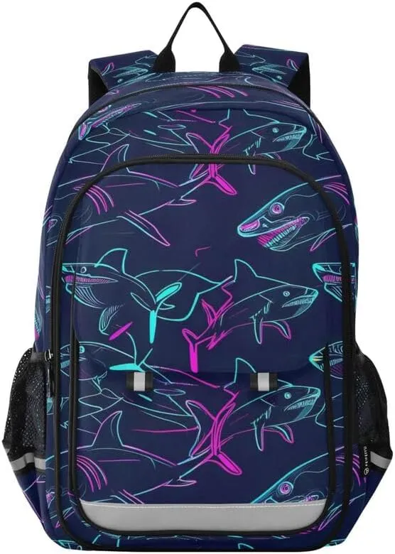 ODAWA Neon Shark Navy Cute Backpack for School Large Capacity Lightweight Bookbags Girls Boys Backpack