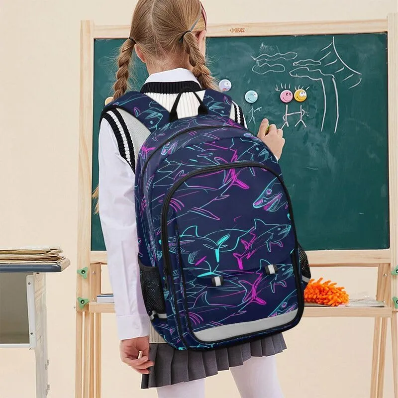 ODAWA Neon Shark Navy Cute Backpack for School Large Capacity Lightweight Bookbags Girls Boys Backpack