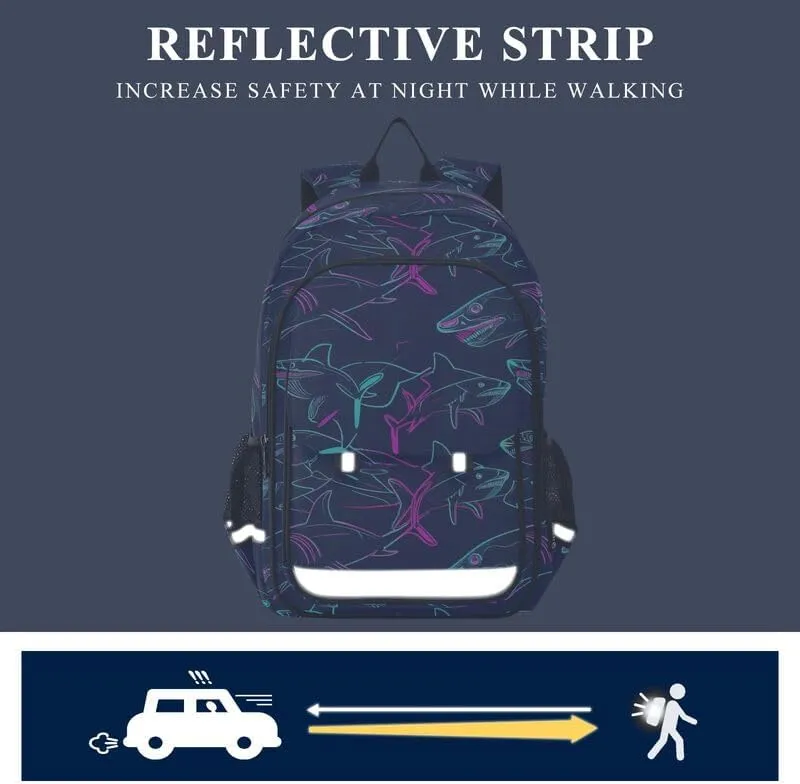 ODAWA Neon Shark Navy Cute Backpack for School Large Capacity Lightweight Bookbags Girls Boys Backpack