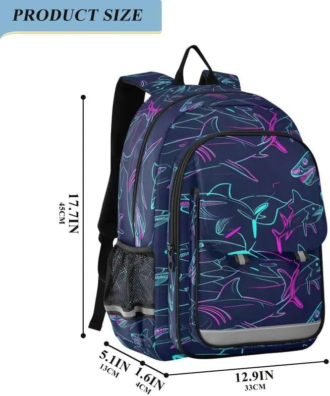 ODAWA Neon Shark Navy Cute Backpack for School Large Capacity Lightweight Bookbags Girls Boys Backpack