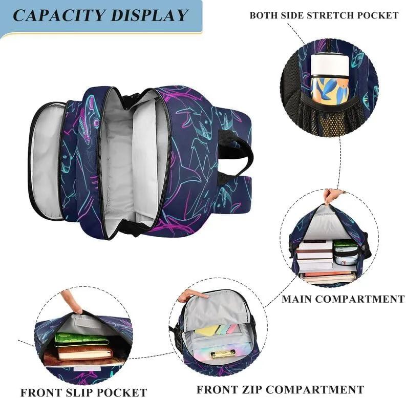 ODAWA Neon Shark Navy Cute Backpack for School Large Capacity Lightweight Bookbags Girls Boys Backpack
