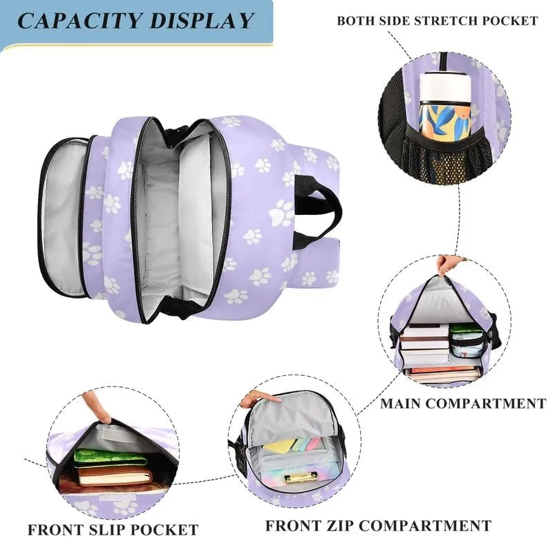 ODAWA Paw Prints Pastel Purple Tile Little Kids Backpack Laptop Backpack Purse Travel Bag Kids Backpack Ages 6-12