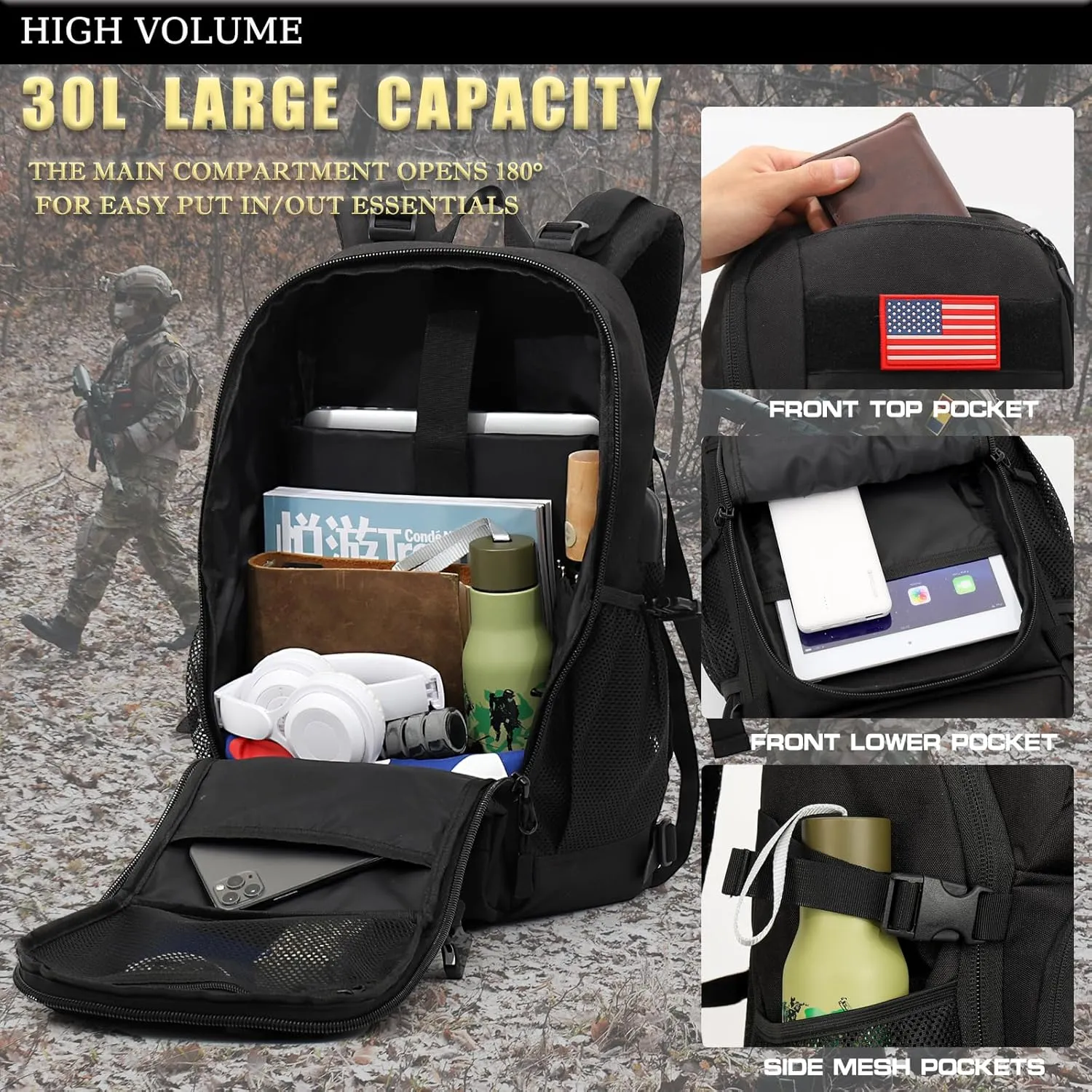 outdoor plus Camo Backpack,Military Boys Backpacks for School,Army Bookbag with USB Charging Port,30l/40L
