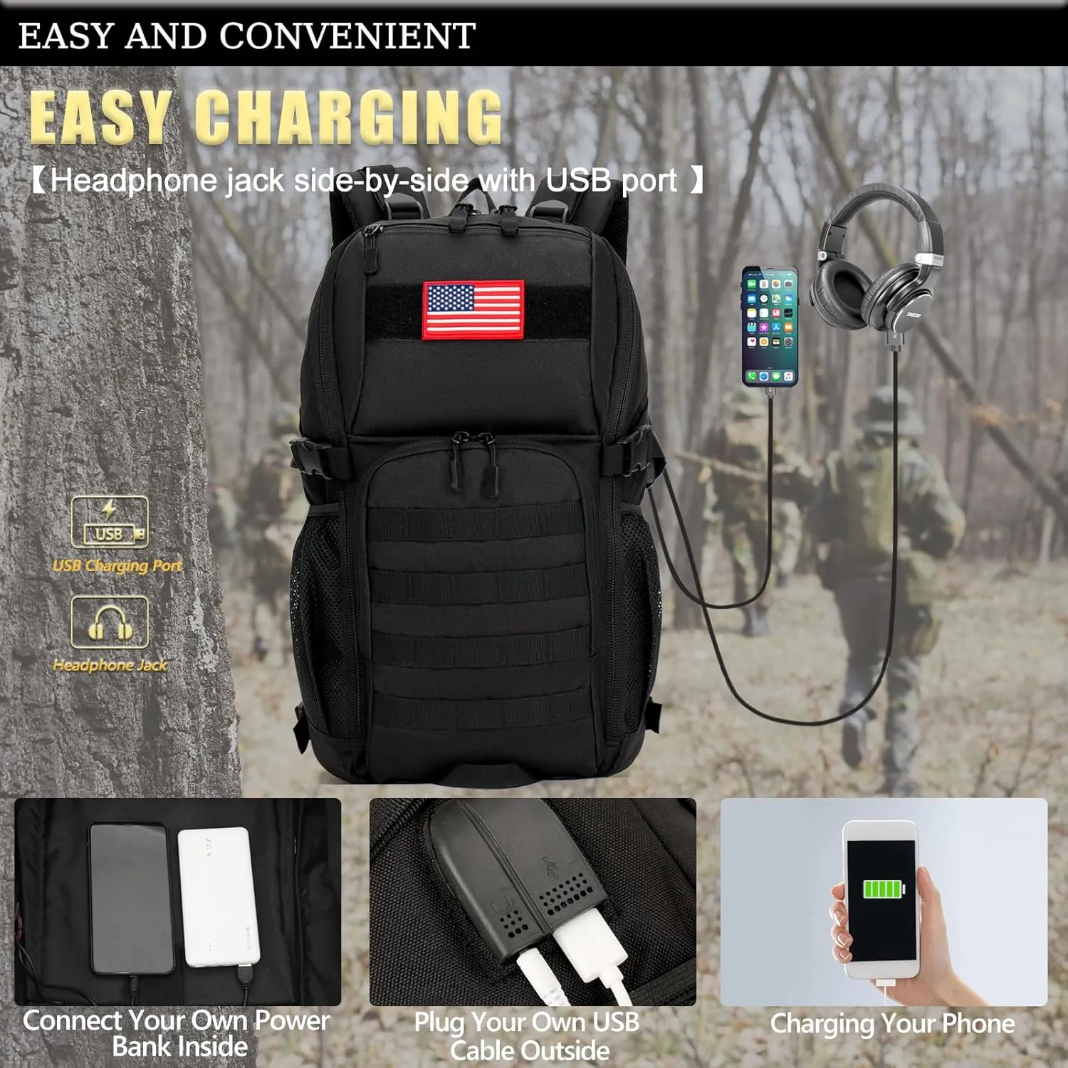 outdoor plus Camo Backpack,Military Boys Backpacks for School,Army Bookbag with USB Charging Port,30l/40L