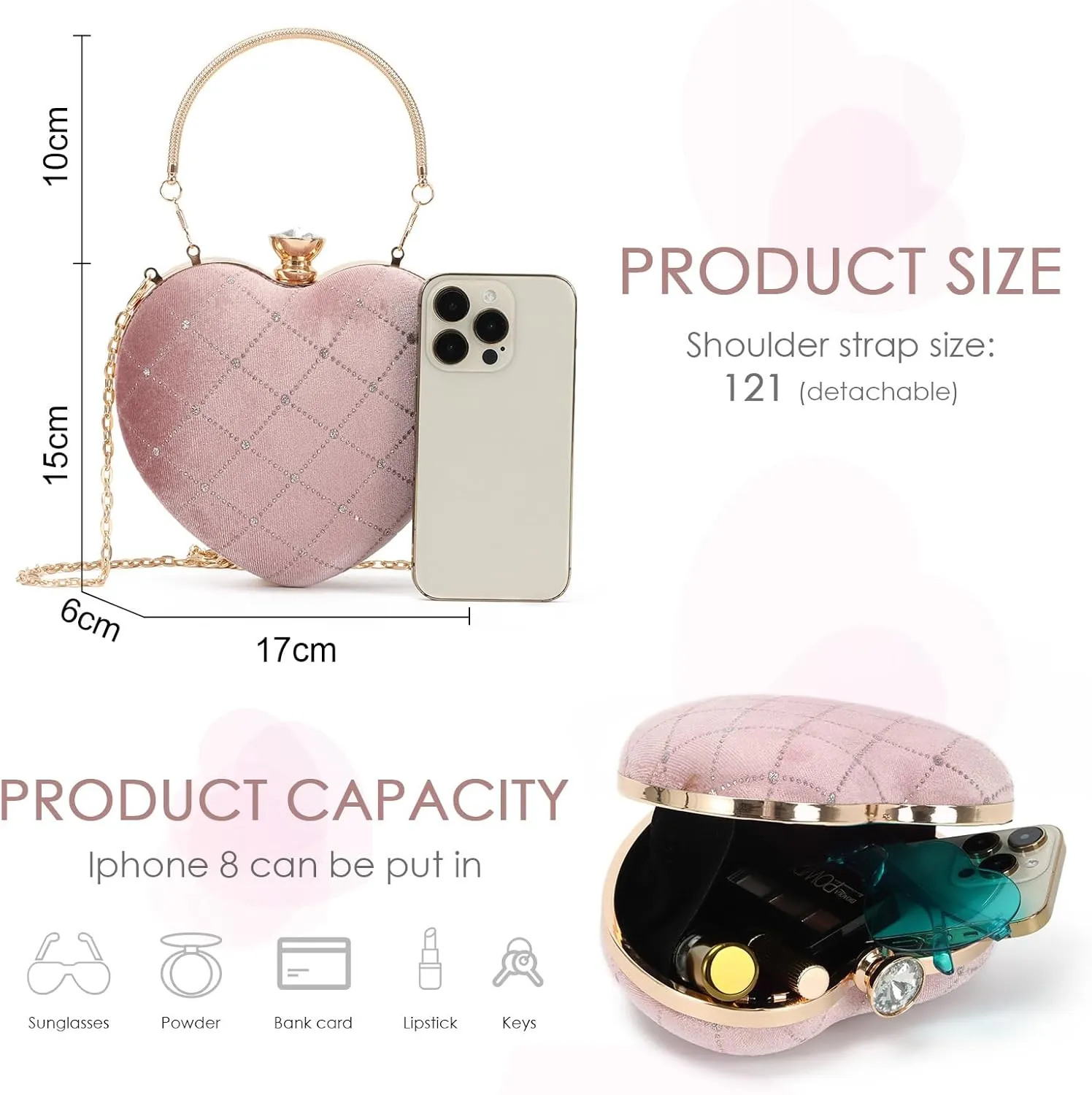 Oweisong Red Heart Shaped Purses for Women Black Velvet Clutch Bag Sparkling Rhinestone Evening Handbag for Wedding Party