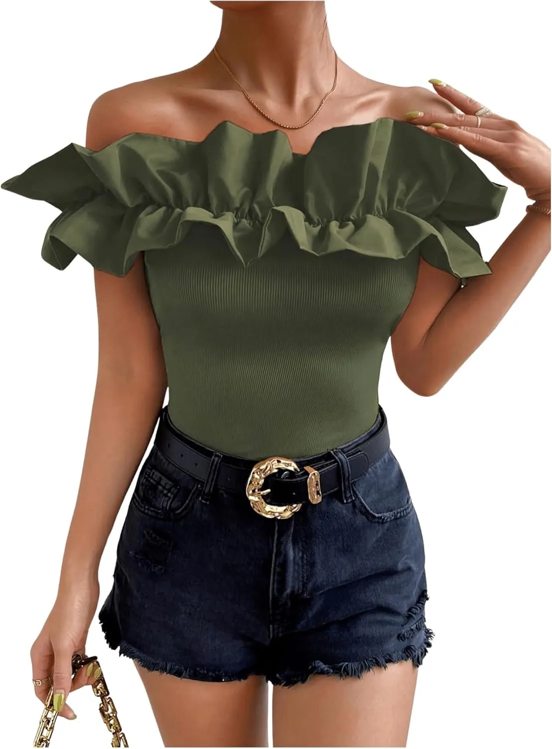 OYOANGLE Women's Ruffle Trim Off Shoulder Short Sleeve Blouse Party Tops Shirt