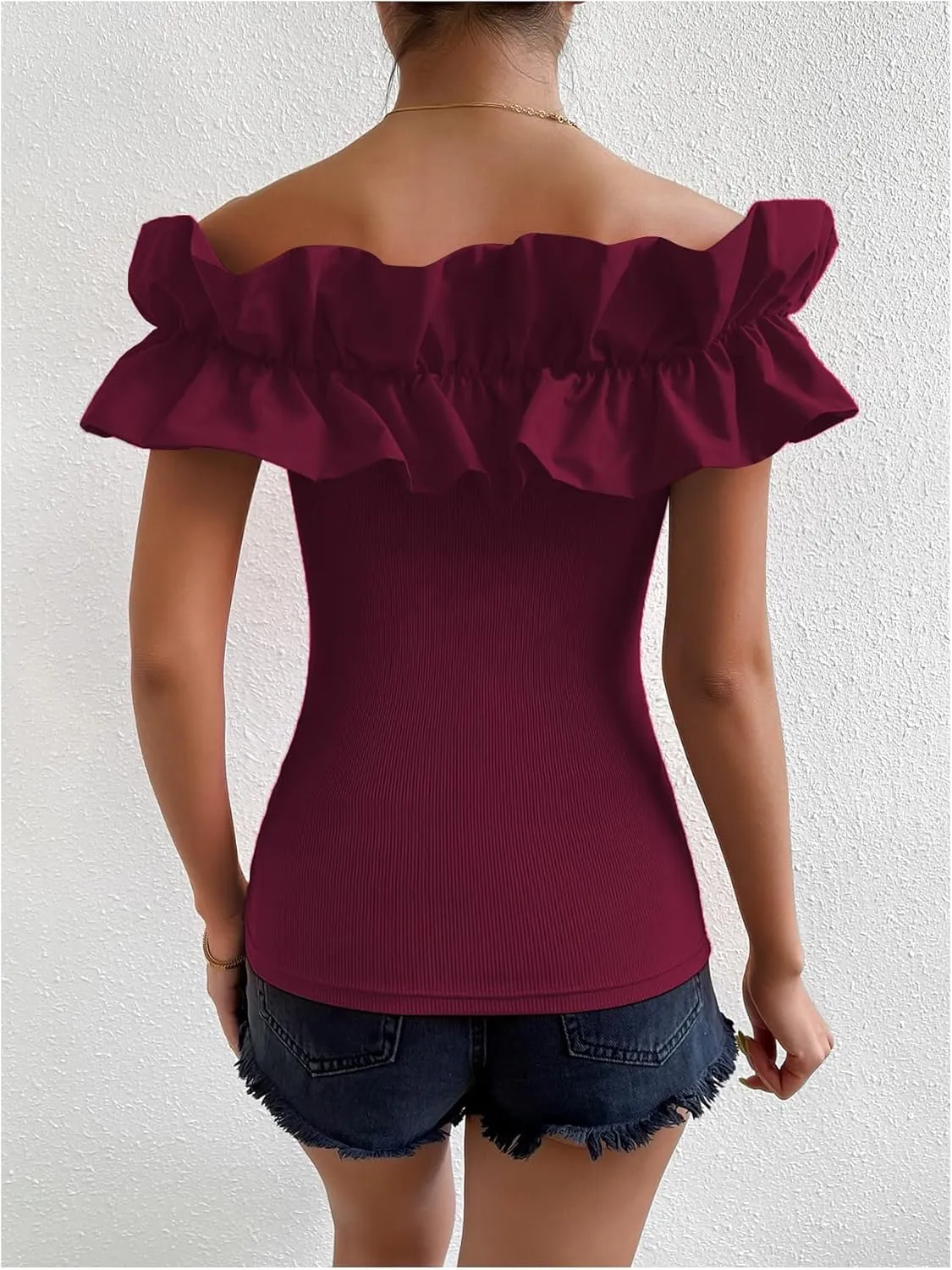 OYOANGLE Women's Ruffle Trim Off Shoulder Short Sleeve Blouse Party Tops Shirt