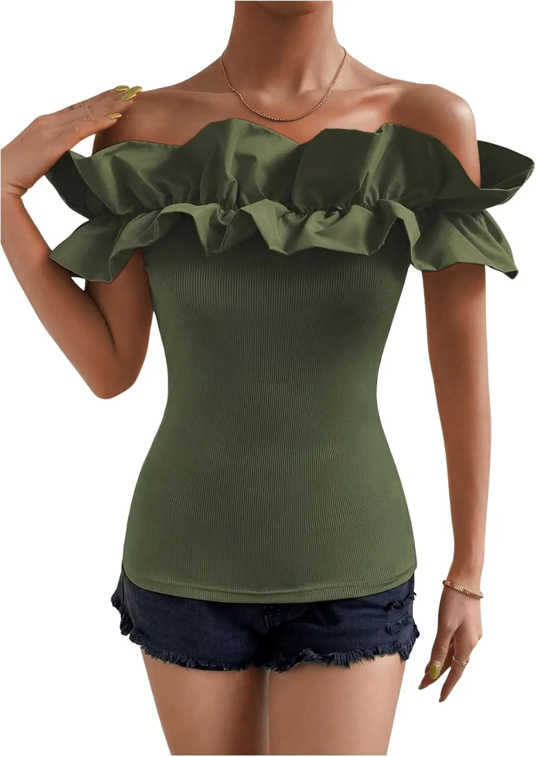 OYOANGLE Women's Ruffle Trim Off Shoulder Short Sleeve Blouse Party Tops Shirt