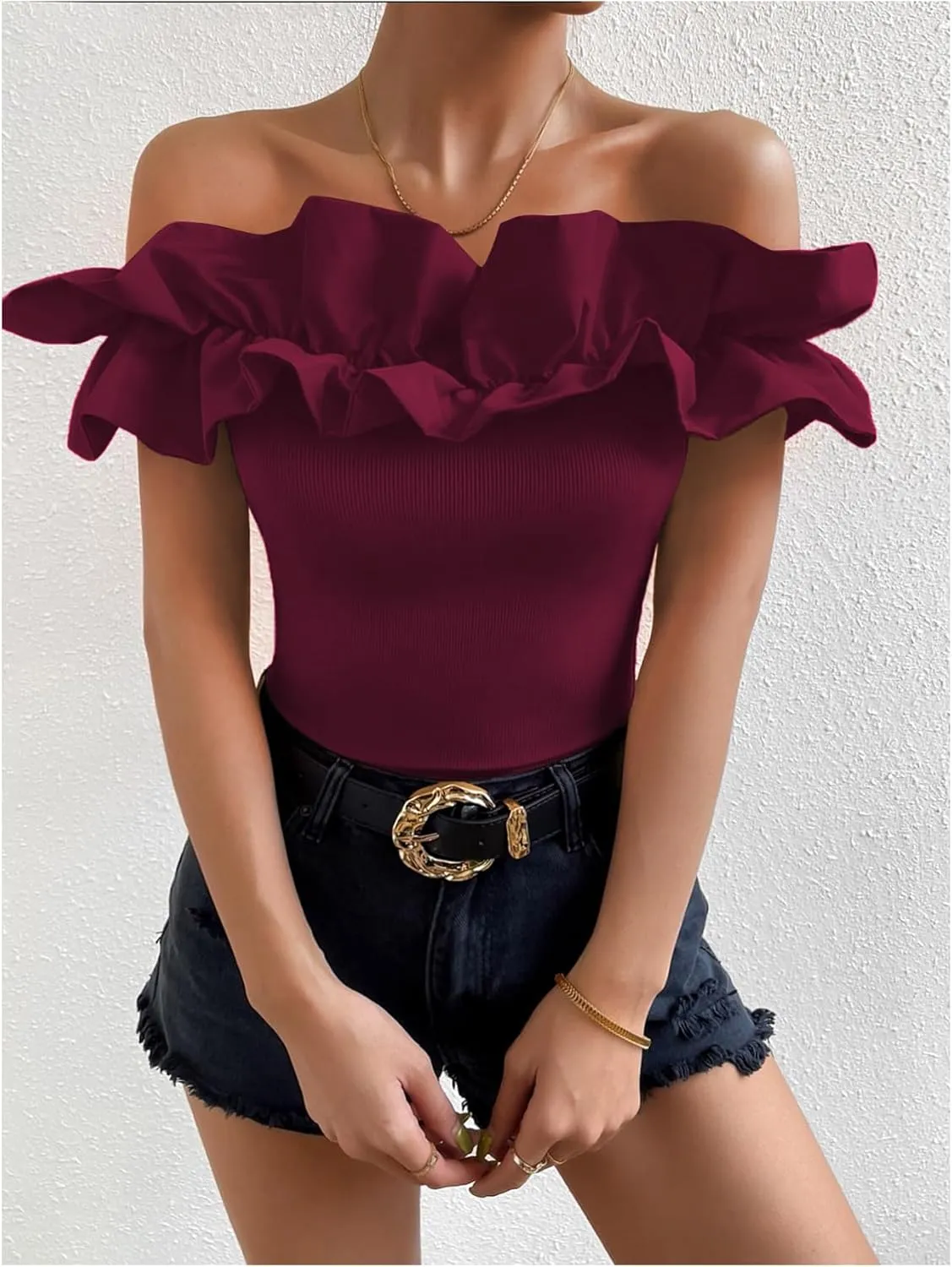 OYOANGLE Women's Ruffle Trim Off Shoulder Short Sleeve Blouse Party Tops Shirt