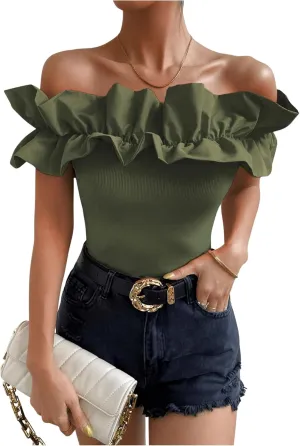 OYOANGLE Women's Ruffle Trim Off Shoulder Short Sleeve Blouse Party Tops Shirt