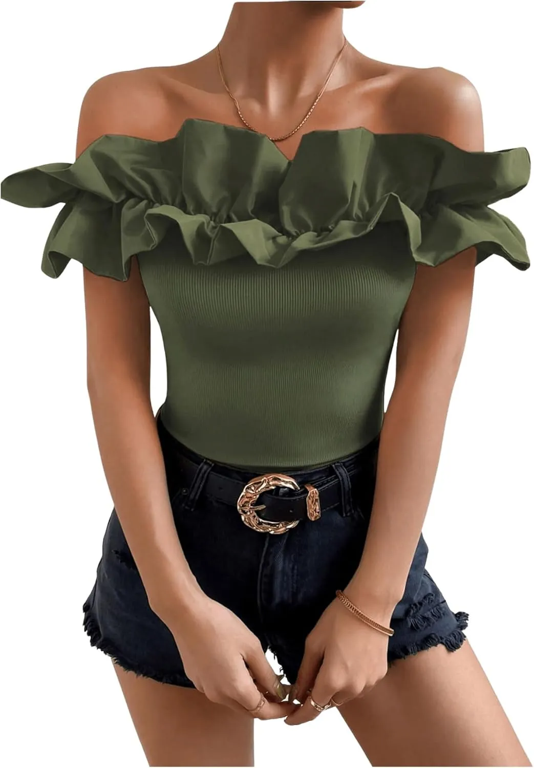 OYOANGLE Women's Ruffle Trim Off Shoulder Short Sleeve Blouse Party Tops Shirt