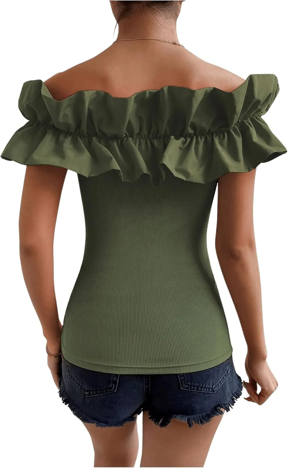 OYOANGLE Women's Ruffle Trim Off Shoulder Short Sleeve Blouse Party Tops Shirt