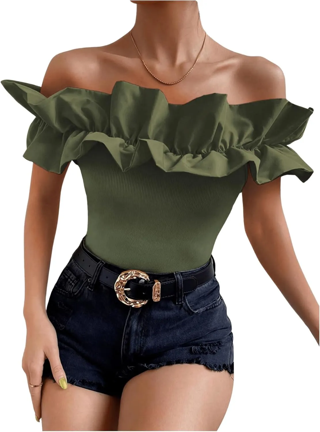 OYOANGLE Women's Ruffle Trim Off Shoulder Short Sleeve Blouse Party Tops Shirt