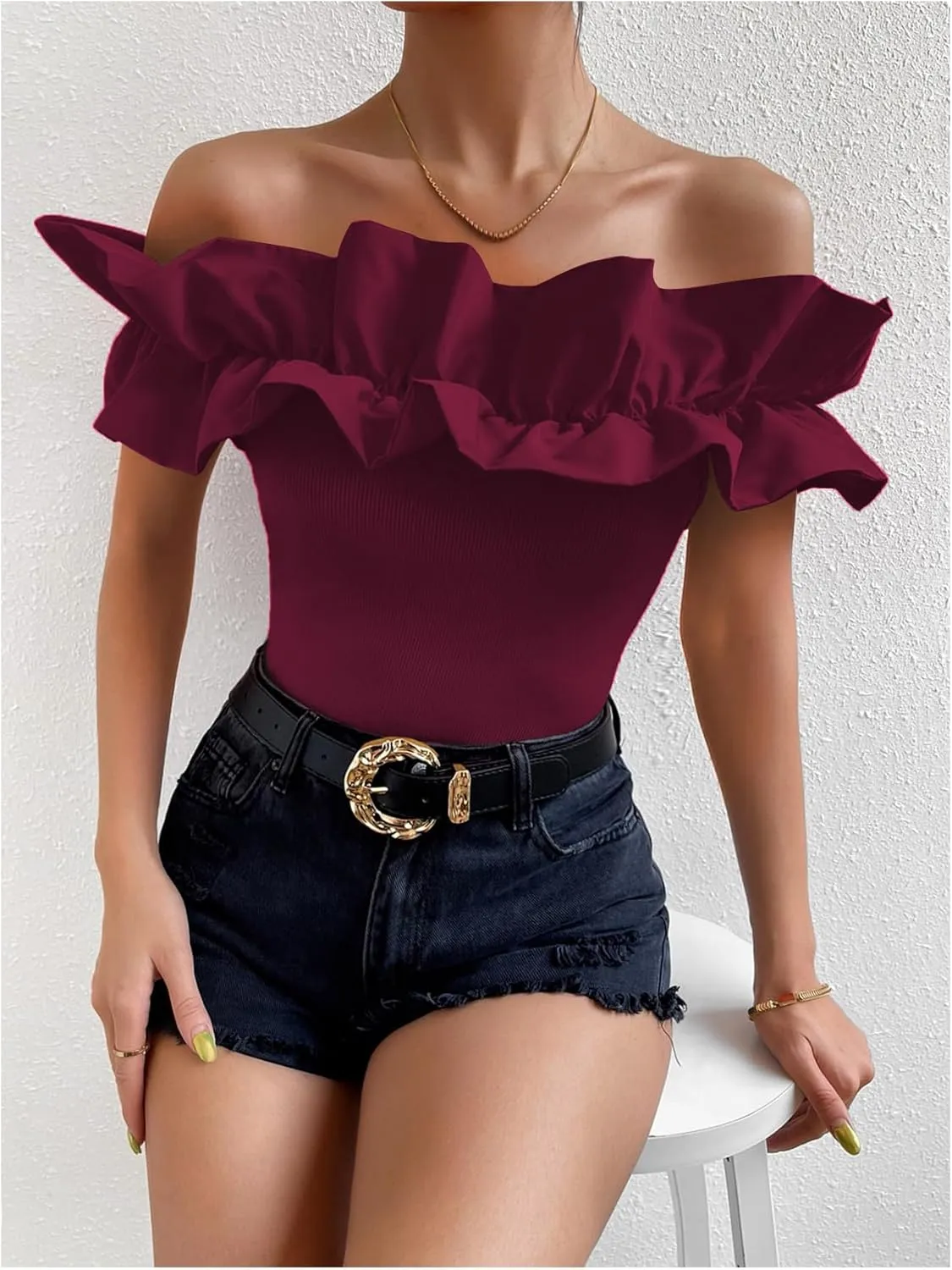 OYOANGLE Women's Ruffle Trim Off Shoulder Short Sleeve Blouse Party Tops Shirt