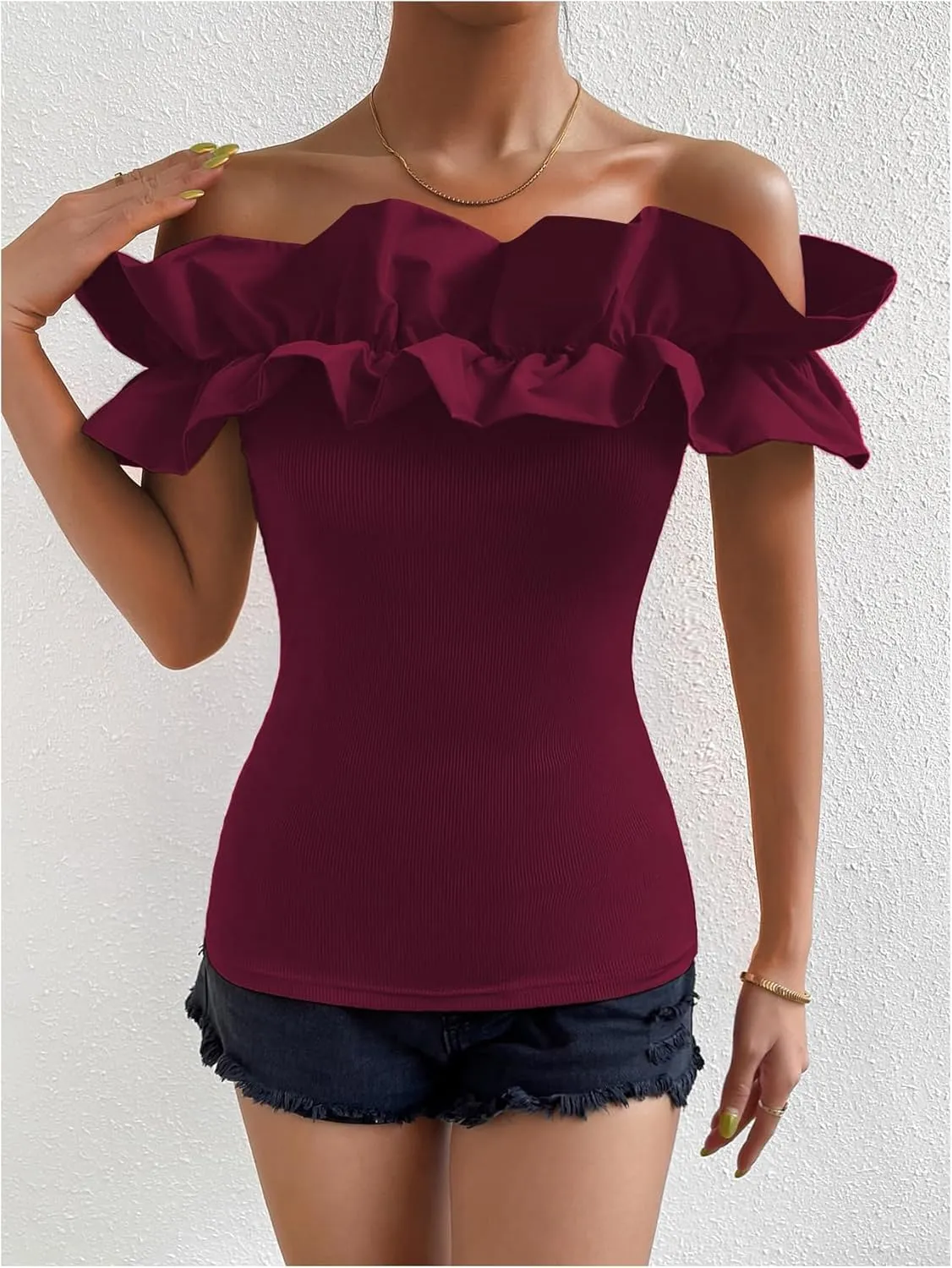 OYOANGLE Women's Ruffle Trim Off Shoulder Short Sleeve Blouse Party Tops Shirt