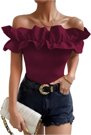 OYOANGLE Women's Ruffle Trim Off Shoulder Short Sleeve Blouse Party Tops Shirt