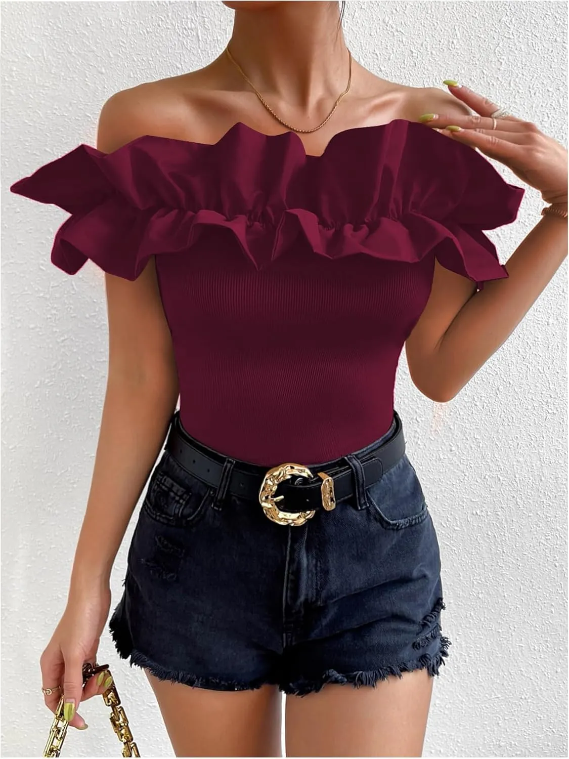 OYOANGLE Women's Ruffle Trim Off Shoulder Short Sleeve Blouse Party Tops Shirt