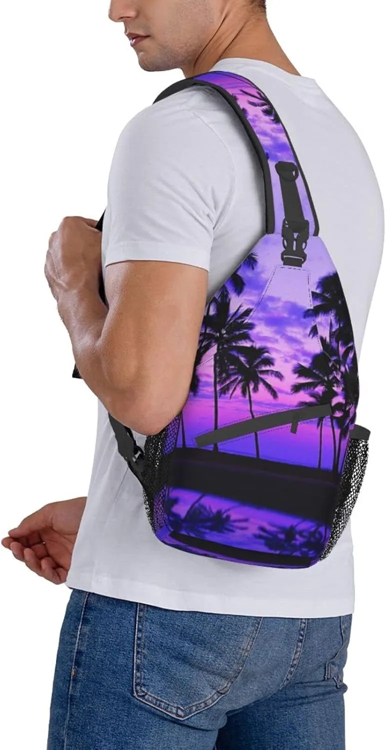 Palm Tree Purple Sunset Cross Chest Bag Diagonally,Multipurpose Crossbody Shoulder Bag,Travel Hiking Daypack